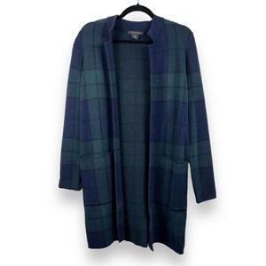 Tahari Tartan Plaid Cardigan Sweater Knit Blazer Jacket Navy Blue Green Size XS